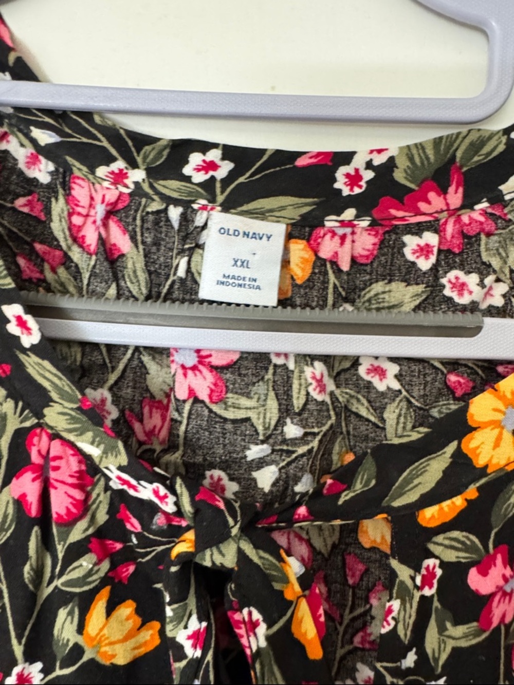 Old Navy Black Floral Tie-Neck Blouse with Pink & Yellow Blossoms - Picture 2 of 4